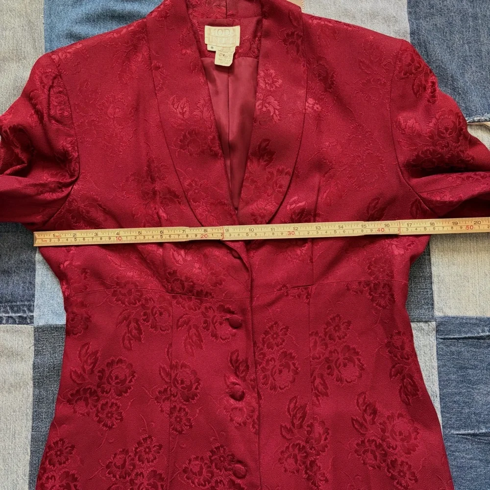 Moda International VTG 90s burgundy red floral long duster blazer size 8 - Picture 7 of 14